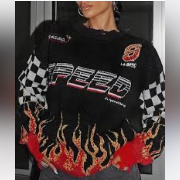 Bikercore Fire & Letter Speed Flame Pattern Drop Shoulder Sweater 2XL - Picture 2 of 15